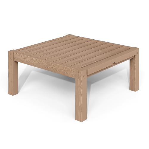 Image of Modular Outdoor Patio Furniture Coffee Table, HIPS All-Weather Outdoor Sectional Sofa Table, Side Interlock for Expansion, Patio Side Table for Backyard, Balcony, Deck (Teak)