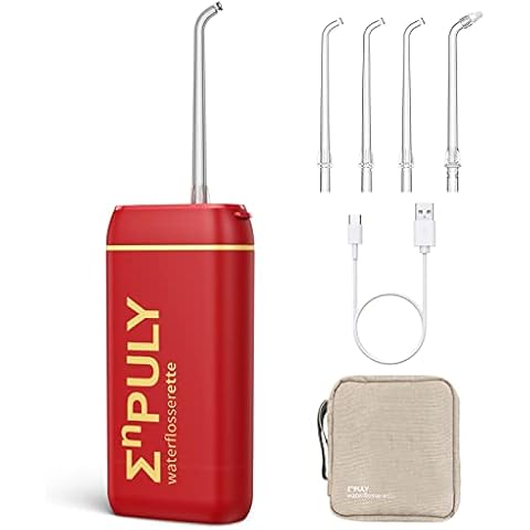 ENPULY Water Flosser Cordless for Teeth,Mini Portable Dental Oral Irrigator with 5 Jet Tips,Rechargeable Dental Water Flosser for Braces Bridges,3 Modes & IPX8 Waterproof,for Travel & Home (Red Gold) Cover