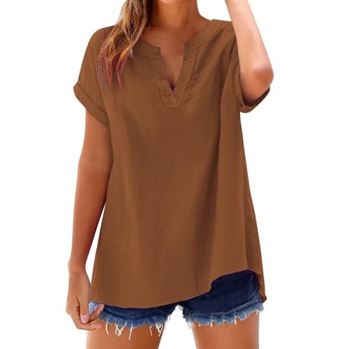 Blusen Tuniken für Damen Leinen 3/4 arm Leinenbluse Elegant Kurzarm Baumwolle Tshirt Lässiges Musselin Tops Button Down bequem leichte Hemdbluse Loose Fit Sommerhemd Sommer Top Damen, #3-café, M
