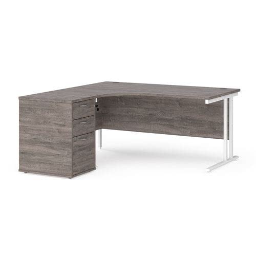 Image of Office Monster Cooper left hand ergonomic desk 1600mm with white cantilever frame and desk high pedestal - grey oak