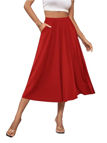 Umenlele Women's Stretchy Flared Basic Versatile High Waisted Casual Midi Skater Skirt