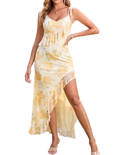 Image of HTZMO Women Summer Floral Sexy V Neck Slit Maxi Dress Halter Tie Ruffle Flowy Casual Boho Beach Party Long Dresses