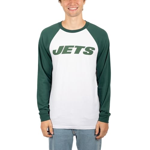 Ultra Game NFL Official Adults Super Soft Raglan Baseball Long Sleeve T-Shirt - Unisex, New York Jets, White Updated, Medium