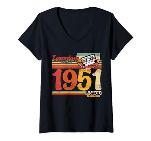 Womens Vintage 1951 Legendary since 1951 Retro Birthday Cassette V-Neck T-Shirt