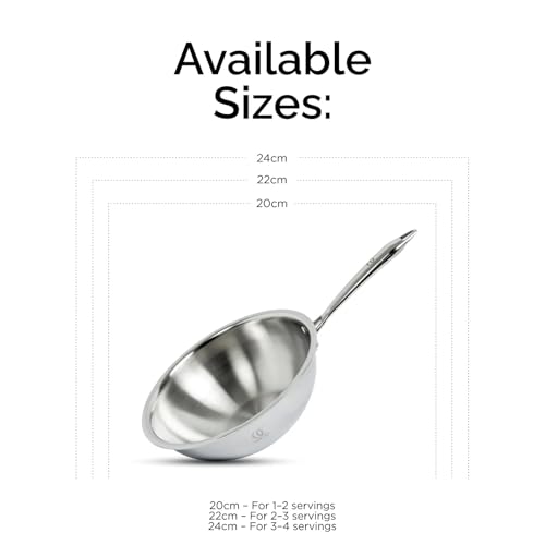 Image of Omichef Triply Stainless Steel Wok with Lid | 20 cm (1.9 L, 1.20 kg) | Induction Friendly | ISI Certified, 100% Pure & Toxin-Free, No Chemical Coating | 5 Year Warranty
