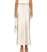 Skrtimory Womens Satin Silk Maxi Skirts Drawstring Flared Casual A-Line Long Skirt for Women