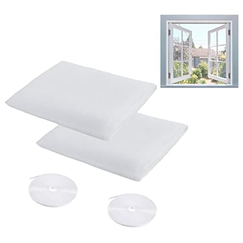 2 Pack Window Insect Screen Net with 2 Rolls Self-Adhesive Tapes, Fly Screen Mosquito Net for Window, 1.5 x 2m, White Cover