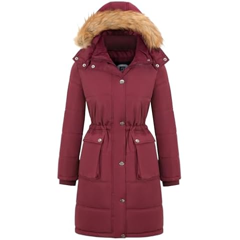 Garemcy Women's Winter Coat Water Resistant Long Puffer Jacket Fur-trim Hooded Parka Wine Red 3X-Large Cover