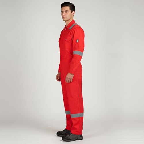 Image of Men's 100% Cotton Pyrovatex Fire Retardant Industrial Coveralls (Boiler Suit) with Reflective Tape 240 GSM. Color RED, Size L - 40
