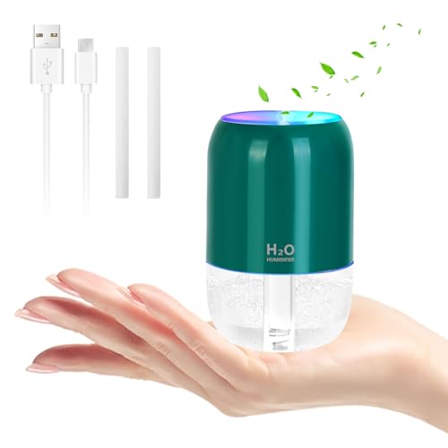 USB Powered Mini Humidifier for Bedroom, Portable 200ml Small Cool Mist Auto Shut-Off Desk Humidifier with Colorful Lights and 2 Mist Modes for Home Office Car Indoor Plants (Green)