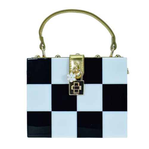 Image of Black White Checkerboard Acrylic Clutch Purse Bag Women Box Evening Bags Acrylic Chain Crossbody Handbag(Stitching)