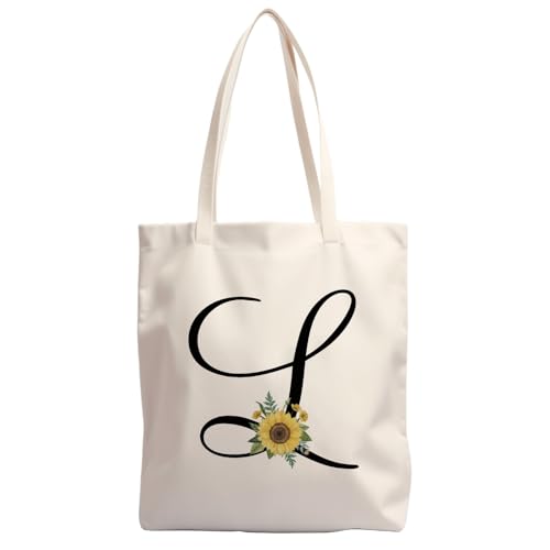 YOFEIJIN Vintage Sunflower with Monogram Letter L Canvas Tote Bag Custom Name Initials Aesthetic Reusable Shopping Bag for Women Friends Bridesmaid