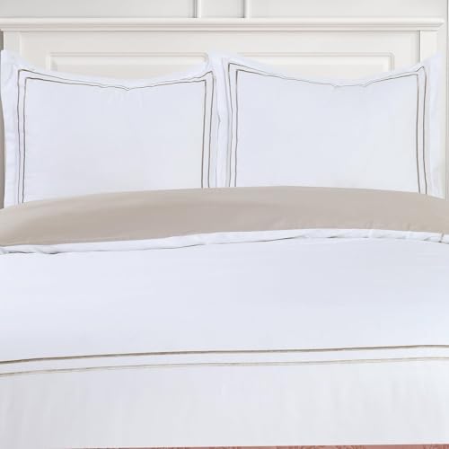 Majestic Giftware Madison Linen 4 Pcs 48" Full Size Duvet Bedding Set (BL51-48F-3-4pcs) Flora Hotel Collection-White-Taupe Embroidery 400 TC Cotton Sateen | 1 Fitted Sheet, 1 Duvet, 2 Pillowcase