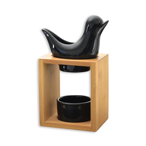 Quemador de Perfume Birdy Negro – Quemador Fondant Cera Perfumada – Difusor de Aceite Esencial y Perfume para el hogar – Candelabro aromaterapia Puerta Vela de Madera y cerámica Decorativa – Altura:
