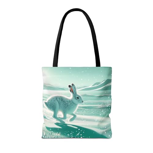 Premium Tote Bag - Arctic Hare Darting Across Mint-Green Snow with Shimmering Flakes, Reinforced Stitching2