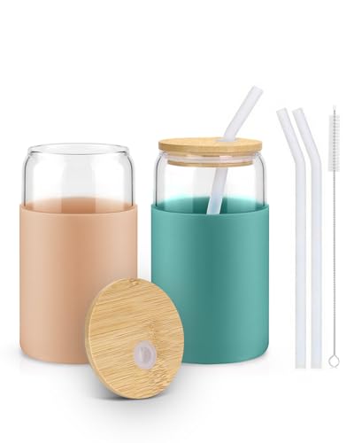 Image of Glass Cups with Lids and Straws, 2 Pack 16OZ Iced Coffee Cups with Silicone Sleeve, Glass Tumbler with Straw and Bamboo Lid, Home Essential Drinking Set for Juice, Cocktail and Latte Khaki&Green