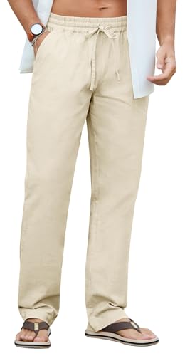 image for NITAGUT Mens Linen Pants Casual Elastic Waist Drawstring Lightweight S