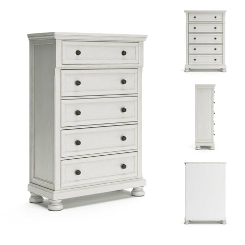 Image of Signature Design by Ashley Robbinsdale Tall Chest of Drawers, Antique White | 5 dovetail drawers, 58-in vertical profile, Select oak veneer, Engineered wood, Solid wood components, Cast resin components