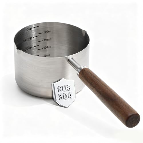 Dog-Cat Food Scoop 1 Cup 304 Stainless Steel Measuring Cup with Long Walnut Handle Precise Scale for Pet Food Easy to Clean & Durable Metal Scoop for Dogs Cats and Kitchen Use