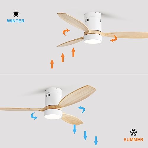 Sofucor 52 inch Wood Low Profile Ceiling Fans with Lights and Remote, Modern Flush Mount Quiet Ceiling Fan for Bedroom, Reversible DC Motor for Living Room/Farmhouse/Patio/Indoor/Outdoor(White+Wood) - Image 6