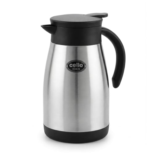 Image of CELLO Eden Stainless Steel Tea Coffee Carafe with Press and Pour Lid 800 ml, Silver | Wide Mouth Easy to Fill & Clean, Double Wall Vacuum Insulated Hot & Cold Flask Carafe For Kitchen, Travel & Office