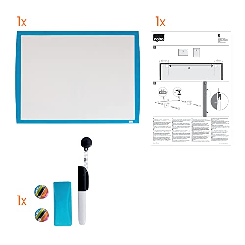 Nobo Kleines Magnetisches Whiteboard, Farbiger Rahmen, Wandmontage, Inklusive Passendem Zubehör, Zuhause/Büro, 585 x 430 mm, Blau, 2104176
