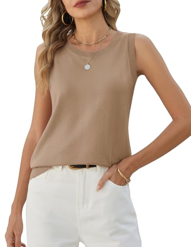 Zeagoo Tops for Women Sleeveless Knitted Vest Tops Casual Crew Neck Vests Tank Top Spring Summer Khaki XL