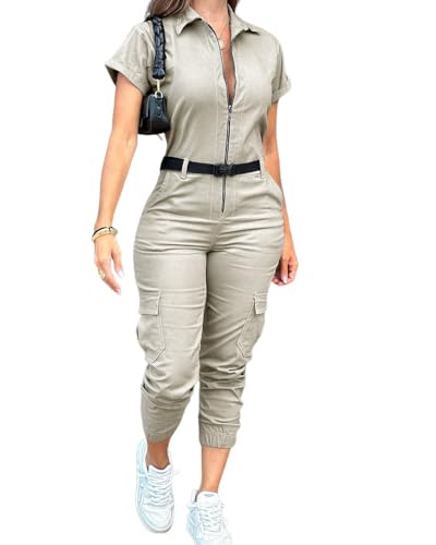 CHICME Womens Short Sleeve Cargo Jumpsuit Casual Romper-Khaki-L