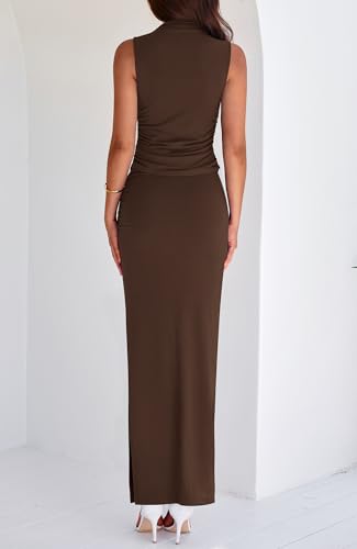 BTFBM Summer Two Piece Skirt Set for Women 2025 Dressy Lightweight Sleeveless Knit Top Going Out Split Maxi Skirt Set