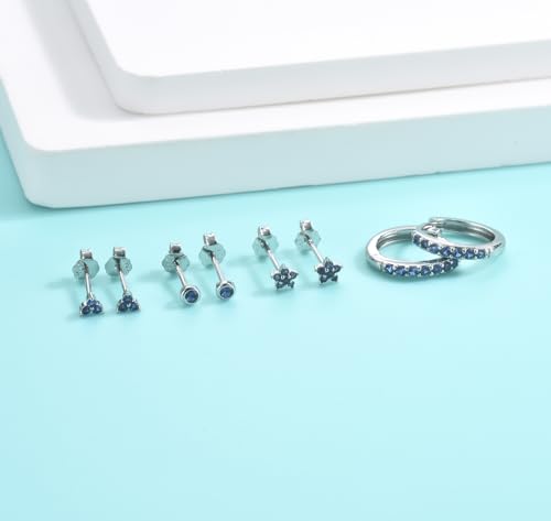 Sterling Silver Stud Earrings Set for Women, Hypoallergenic 4 Pairs Cartilage Helix Flower Round Blue/Pink/Green/Purple Cubic Zirconia Stud Earrings Hoop Sets for Multiple Piercings4