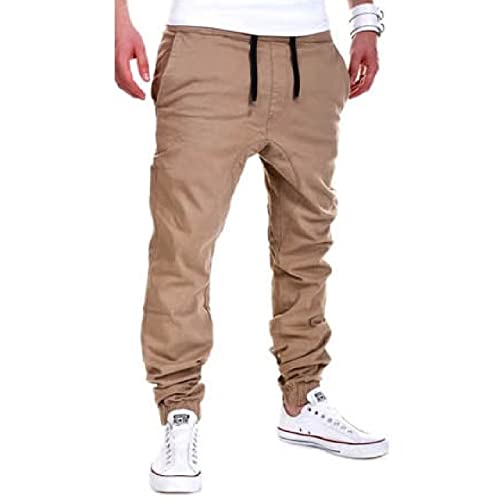 Mens Casual Pants Workout Cargo Jogger Outdoor Athletic Sport Hiking Trousers Elastic Sweatpants Khaki