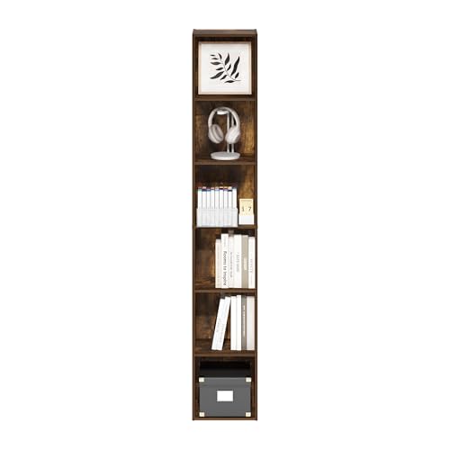 Image of Furinno LUDER Book Shelf, 6-Tier Tall Modern Bookshelf, Bookcase with Open Shelves, 9.3 x 12 x 71, for Living Room, Bedroom, Home Office, Amber Pine