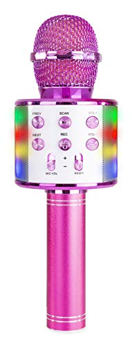 MAX KM15P Micrófono de Karaoke con Altavoz Buetooth / MP3 Incorporado e iluminación LED, Batería Incorporada, Efecto Eco, Cambiador de Voz, Ideal para Niños