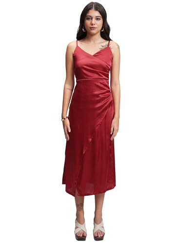 Image of Tokyo Talkies Womens Satin Overlapping Midi Dress | Strappy Silhouette & Luxe Finish | Elegant & Chic for Any Occasion | Dress for Women | Women Dress | Stylish Women Dress