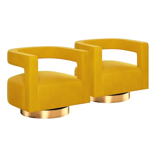 Image of BELLEZE Swivel Barrel Accent Chair Set of 2, Modern Upholstered Arm Comfy Velvet Curved Back Round Chair with Gold Base Wood Frame, 360 Degree for Living Room Bedroom Office,Yellow