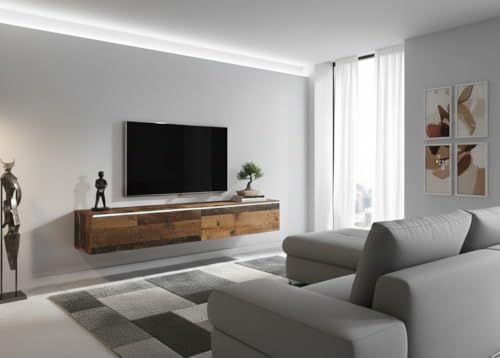 MINIO go for it TV Schrank Donna, Breite 180 cm, TV Lowboard, Stehend oder Hängend, Fernsehschrank für das Wohnzimmer, Laminierte Spannplatte, Moderner Stil, Oldwood - LED Beleuchtung