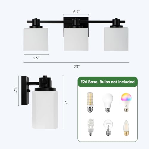 Image of 23 Inch Black Bathroom Light Fixtures over Mirror 3 Light Matte Black Vanity Light Milk Glass Makeup Shower Lamp Small Farmhouse Wall Sconce Modern Desk Vintage Rustic Bath above Sink Lighting