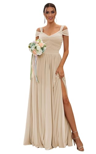 Image of SOLODISH Off The Shoulder Bridesmaid Dresses Long Chiffon Formal Evening Dresses for Women