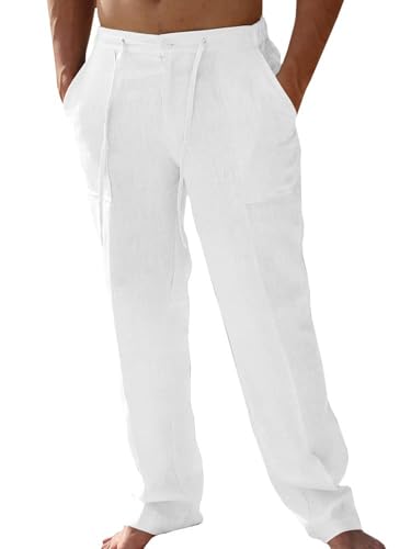 AKEFUN Mens Summer Casual Linen Pants Beach Elastic Drawstring Waistband Loose Fit Slacks with Pockets White