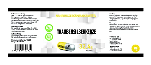 Traubensilberkerze (Black Cohosh) Wurzel-Extrakt 100mg 120 Vegane Kapseln, Laborgeprüft, Standardized To Contain At Least 5% Triterpene Glycosides, (Cimicifuga Racemosa)