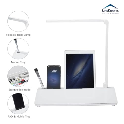 Image of LifeKrafts Glass Dry Erase Desktop Board with Swing Arm LED Lamp| 40x17 cm Non-Magnetic Whiteboard with Storage Tray| Includes 1 Pen & 1 Eraser| Ideal for Home Office, Study, and Work Desk- Pack of 1