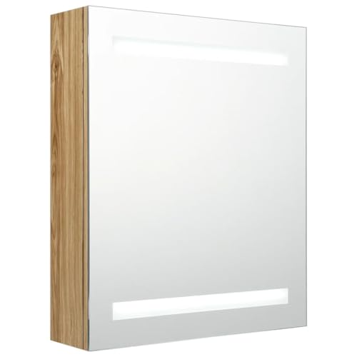Yisssmeng Armario con espejo LED para baño, 50 x 14 x 60 cm, color roble de MDF con revestimiento de melamina, diseño moderno y luz suave para baño, invitados, inodoro y más