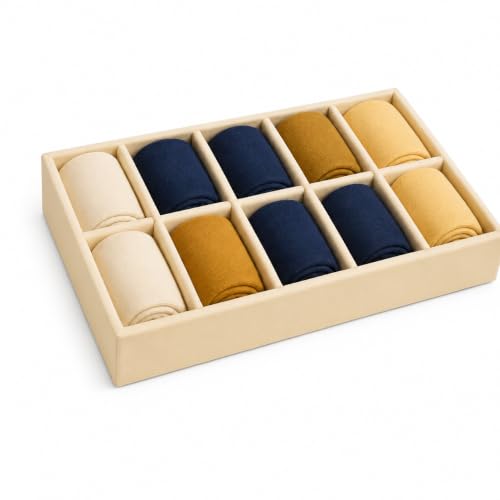 Image of 10 Slot Drawer Organizer Tray for Socks and Ties, Cream | Foldable closet storage tray with dividers for ties, belts, underwear, scarves and small wardrobe accessories arranged neatly