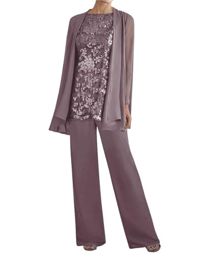 Image of 3 Pieces Mother of The Bride Dresses Pant Suits - Lace Chiffon Long Sleeve Grandmother Dresses with Jacket