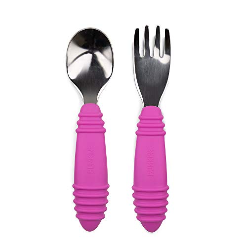 Bumkins Toddler Utensils, Kids Fork and Spoon Set, Silicone and Stainless-Steel Silverware, Angled Forks/Sporks for Self-Feeding, Childrens Training Flatware Cutlery