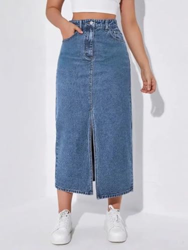 Image of GRECIILOOKS Women's High Waist Denim Skirt with Front Slit - Long Maxi Jean Skirt Casual Fashion - Stylish Denim Skirts for Women
