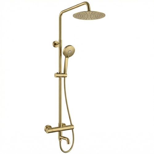 ARKO Thermostatic Mixer Shower with Bath Filler Tap Rainfall & Handheld Shower Set Thermostatic Bath & Shower System (Round Brass)