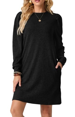 PrinStory Schwarzes Kleid Elegant Pulloverkleid Für Damen Winter Pulloverkleid Freizeitkleider Mit Taschen Elegant Schickes Minikleid (Schwarz, L)