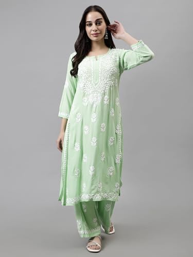 Image of Seva Chikan Hand Embroidered Lucknowi Chikankari Rayon Kurta and Palazzo Set SCL8037