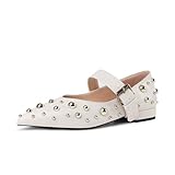 TRKYYK Women's Studded Flats Pointed Toe Mary Jane Flat Shoes White Size 10